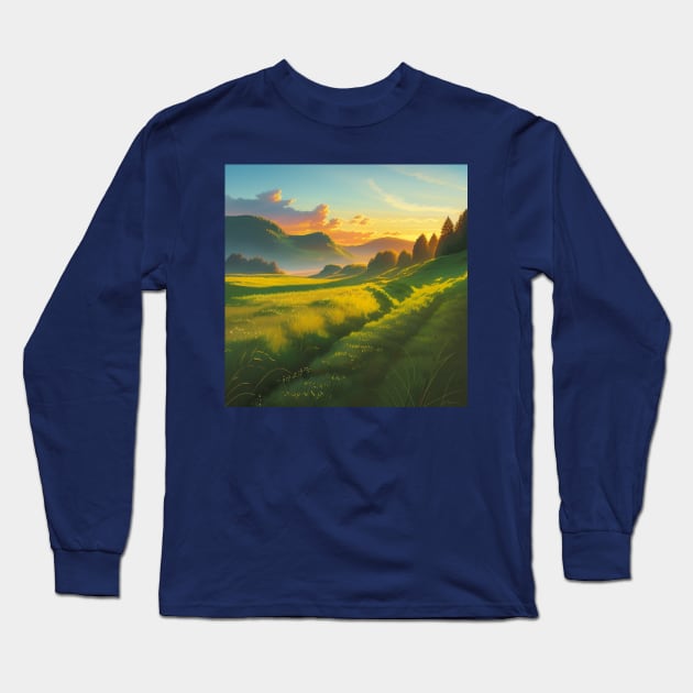 Lush, Sunlit Razor Grass Meadow at Sunset in Faerun Long Sleeve T-Shirt by CursedContent